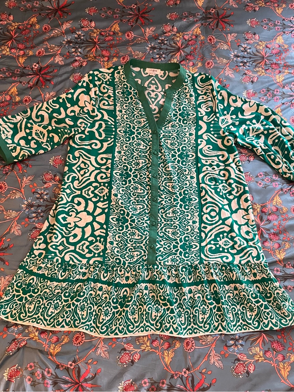 Umgee Green & White Printed V-Neck Dress